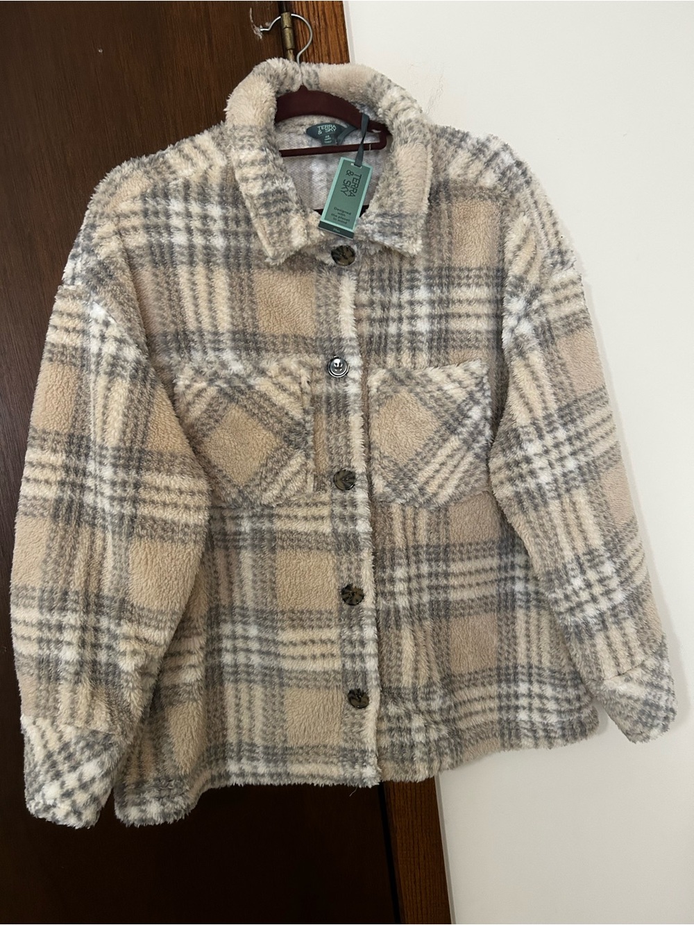 Terra & Sky Beige and Gray Plaid Teddy Jacket
